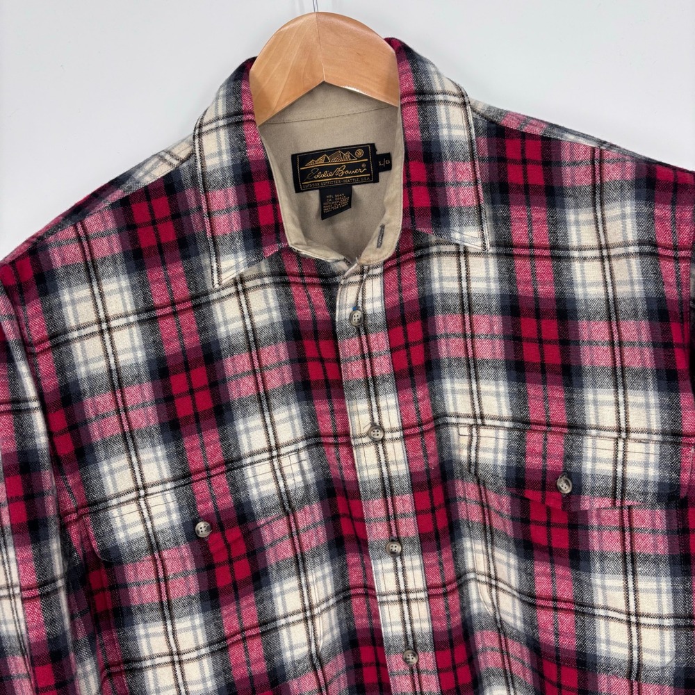 VTG 90s Eddie Bauer Wool Plaid Flannel Button Up Shirt Mens Large Red Black FLAW